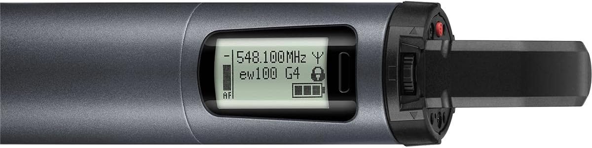 Close-up of the Sennheiser SKM 100 G4-S handheld microphone display and mute switch