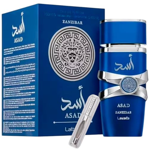 Perfume Asad Zanzibar | Para Hombres | De Eau de Parfum | 100ml | Fragancia Tropical y Fresca | De Larga Duración | Con Atomizador de 5Ml de Regalo | Perfume Hombre | Esencia Profunda y Elegante