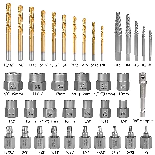 Thinkpro 39Pcs Bolt Extractor Set and Drill Bit Kit,Multi-Spline Screw Extractors,Easy Out Broken Lug Nut Extraction Socket Set for Damaged,Frozen,Studs,Rusted,Rounded-Off Bolts,Screws (39-piece)