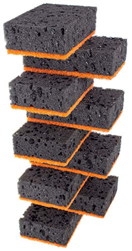 Image of Black & Orange Multi Use Scrub Sponges. Made in Europe. 9 Pack, 4.3x2.8x1.4 inches. Heavy Duty and Non Scratch Fiber. Odorless Durable and Delicate Scrubber. Halloween Edition