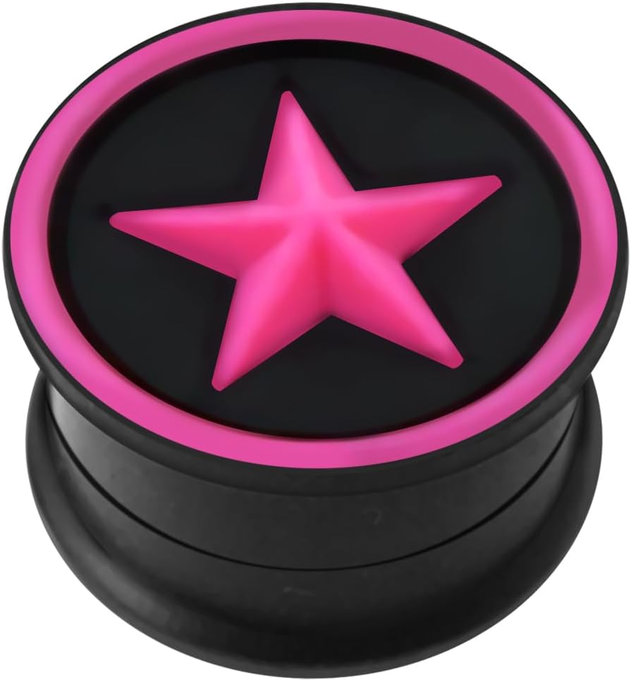 Embossed Fuchsia Star in Circle on Black Silicone with Magnetic Double Flared Fake Ear Gauge - Fauxs Plug - Gauge Earring Body Piercing Jewelry