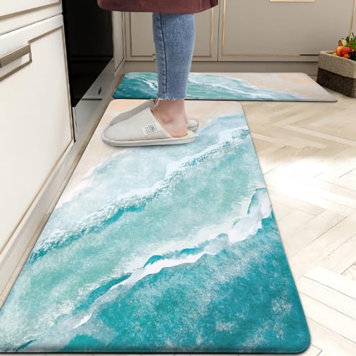 Beach Coastal Kitchen Rugs Mats 2PCS 10mm Thickness Blue Abstract Wave Kitchen Rugs Sets Cushioned Anti Fatigue Kitchen Floor Mat PVC Waterproof Non-Skid Comfort Standing Mat, 17.3