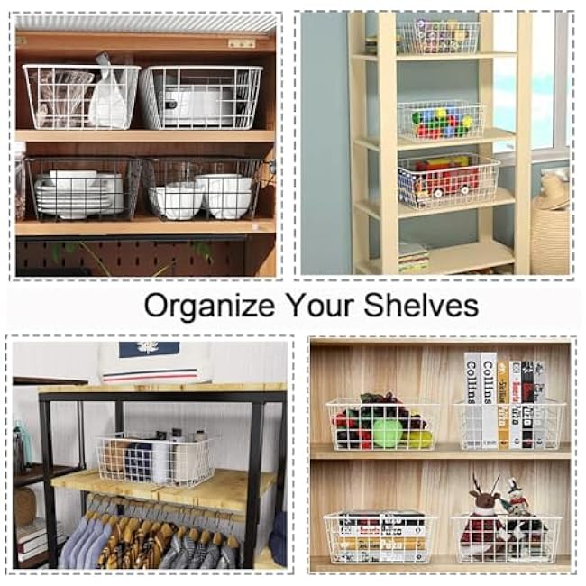 4 Pack White Wire Baskets for Organizing Office Wire Storage Basket White Metal Storage Baskets for Pantry Kitchen Bins Freezer