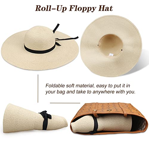 Image of Women Wide Brim Sun Hat UPF50 Straw Summer Hat Floppy Beach Hat Roll-Up