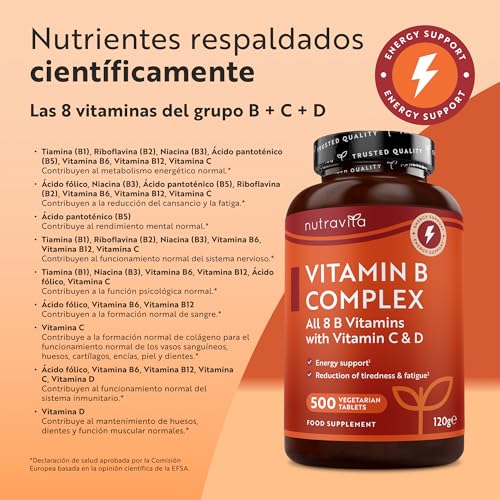 Nutravita Vitamina B Complex con Vitamina C D B - 500 Comprimidos de Multivitaminas para +1 Año - Las 8 Vitaminas B + Biotina - Metabolismo, función mental, sistema nervioso (EFSA) - imagen 2