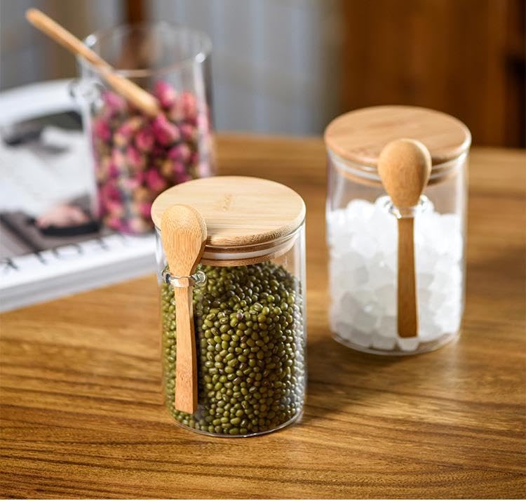 soulnioi Sealed Jar with Bamboo Lid with Spoon Clear Glass Storage Canister Flower Tea Sealer Candy Jar Coffee Bean Organizer Round 500ML 4PCS - Image 4