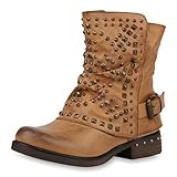  SCARPE VITA Damen Biker Boots Warm Gefütterte Stiefel Blockabsatz Stiefeletten Nieten Schnallen Booties Leder Optik Schuhe 177365 Hellbraun 36