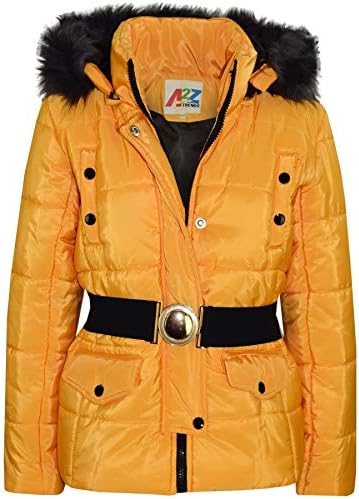 A2Z 4 Kids Kids Girls Puffer Jackets Designer Mustard Faux Fur Hooded Stylish Padded Zipped Belted Top Fit Jacket Warm Coats New Age 5 6 7 8 9 10 11 12 13 Years