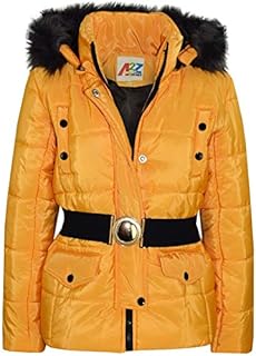A2Z 4 Kids Kids Girls Puffer Jackets Designer Mustard Faux Fur Hooded Stylish Padded Zipped Belted Top Fit Jacket Warm Coats New Age 5 6 7 8 9 10 11 12 13 Years