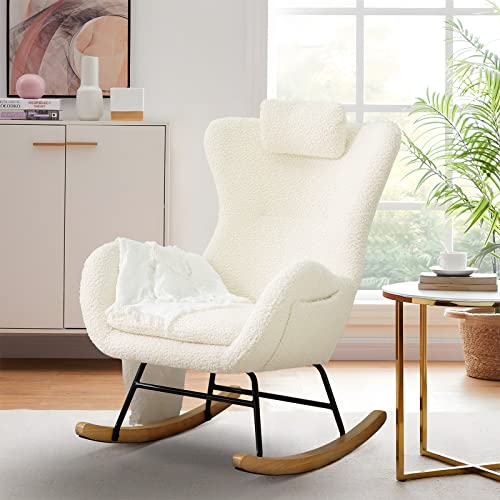 Image of KINFFICT Accent Rocking Chair, Tufted Upholstered Glider Rocker for Nursery, Comfy Armchair with Side Pockets, Modern Lounge Arm Chair for Living Room, Bedroom (Upgraded Teddy Beige)