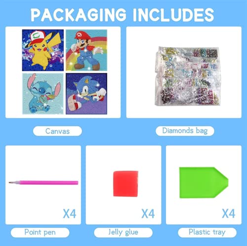 Hitomosu 5D Diamond Painting Stickers Kits, 4Pack Cartoon Anime Theme Mario Diamond Painting Stickers Paint By Numbers Kit,Diamond Art Dotz For Kids Boys Girls Ages 6-8-10-12(6"X6") #TOP5