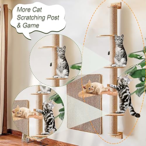 Makamsui Cat Tree, Multi Tier Floor to Ceiling Cat Tree Height Adjustable, Wall-Mounted Cat Scratching Post, Cat Tower with Scratching Post, Suitable for Cats Climb, Scratch, Lookout and Play Wooden