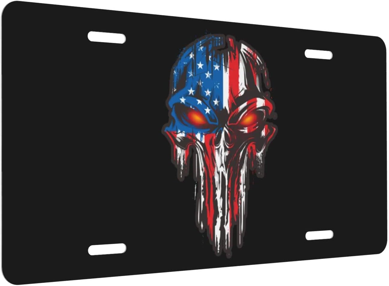 [Decorative] American Flag Skull Patriotic Car Front Plate, Novelty Vanity Tag, Metal Auto Decor Plate for Cars, Trucks, SUVs - 6x12 Inch (Not for Official Use) image 2