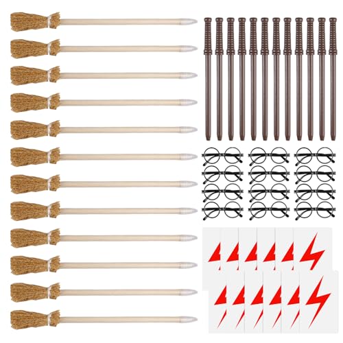 48 Stück Zauberstab Und Hexenbesen Bleistifte Set, Zauberer Partyzubehör Set, Zauberstab Zauberbesen Bleistifte Set, Zauberstab Bleistifte, Rundem Rahmen Ohne Gläser+Blitz Tattoos Für Magische Partys
