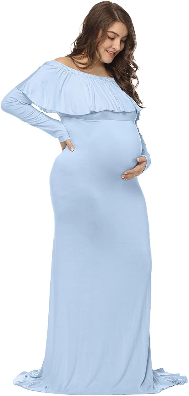 JustVH Maternity Fitted Elegant Gown Long Sleeve Off Shoulder Ruffles Maxi Photography Dress for Photoshoot - Image 2