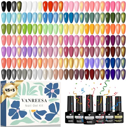 VANREESA Esmaltes Semipermanentes para Uñas, 45 Colores Pintauñas Semipermanentes con Base Top Coat Brillante Mate Purpurina, Set Manicura para Principiantes, Regalos para Mujeres
