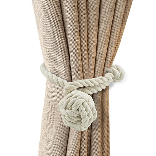 Nanami Chic 2 Pieces Fine Hand Tied Curtain Clip, Buckle Holdback Fabric Drapery Tassels Curtain Tiebacks/Tassel Window Cotton Rope Tie Ball Back Accessories (Beige)