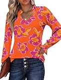 Kistore Tops for Women Trendy Orange Flowers V Neck Long Ruffle Sleeve Blouses 2026 Spring Shirts Multiple Floral S