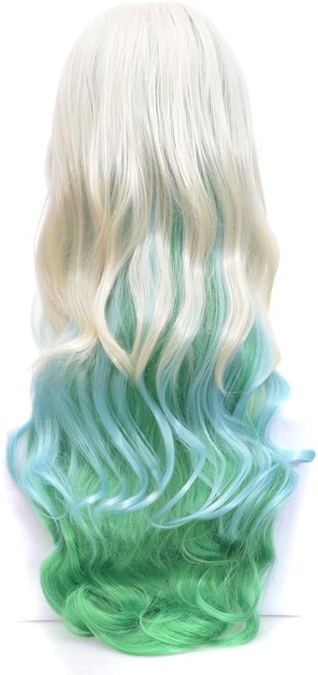 IMISSU 26'' Long Natural Hair Wigs Cosplay Wig with Bangs Colorful Halloween Costume Party Wigs for Women (White Green) - Image 4
