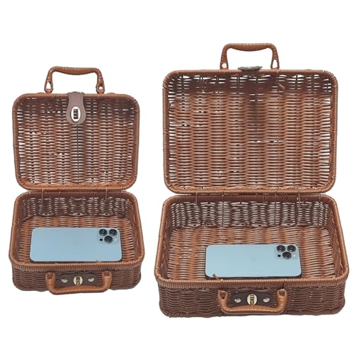 Mini Wicker Picnic Basket, Decorative Prop Suitcase Vintage Storage Hamper Makeup Organizer, 8.67" Metal Lock Plastic Rattan Storage Box with Handles for Sundries Travel Camping and Outdoor Party by Etnorsu - Image 7
