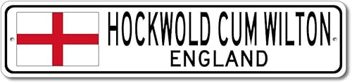 Hockwold Cum Wilton, England - England Flag Street Sign - Metal Novelty Sign, Personalized Sign, Man Cave Street Sign, City Sign, Restaurant and Pub