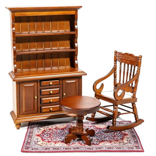 1:12 Scale Miniature Wooden Furniture Set with Bookshelf Rocking Chair