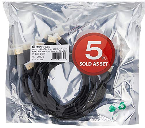 Image of Monoprice 8K Ultra High Speed Slim HDMI Cable - HDMI 2.1, 8K@60Hz, 4K@120Hz, 48Gbps, HDR, VRR, 3ft, Black - 5 Pack