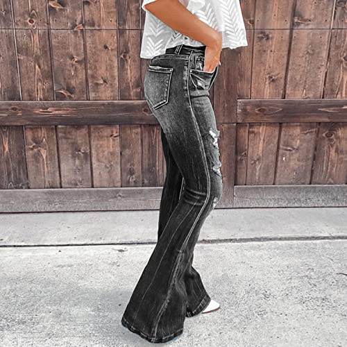Women's Classic Skinny Jeans Ripped Bell Bottom High Waisted Flared Jean Pants Retro Distressed Wide Leg Denim Pants3