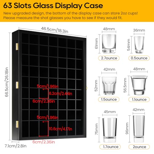 Image of TJ.MOREE Shot Glass Display Case 63 Slots Glass Display Holder Wall Mounted | Fits Standard Size Shot Glasses and Goblet Shot Cups