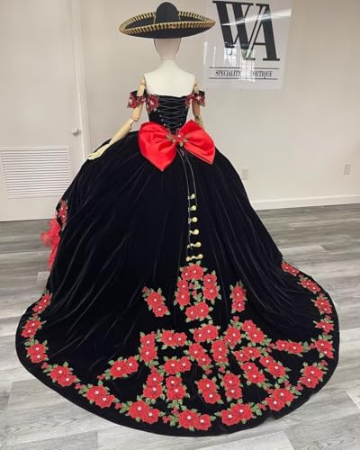 Black Velvet Ruffle Organza Quinceanera Dresses 3D Flowers Beaded Sweet 15 16 Dresses Off Shoulder Puffy Prom Dresses2