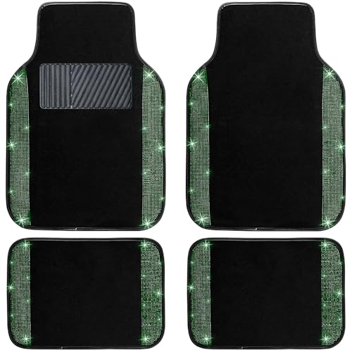 NBTEPEM Bling Car Floor Mats Full Set, Universal Fit Most Cars,SUV, Trucks, 4 pcs Sparkle Glitter Diamond Carpet for Women Girls with Anti-Slip Pad (Green Diamond)