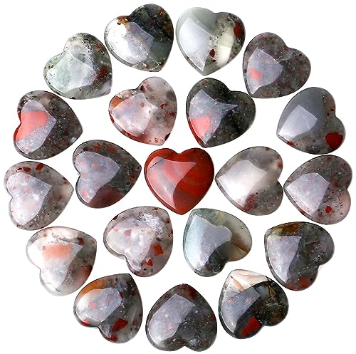 Image of QINJIEJIE 20PCS African Bloodstone Heart Stones Crystals Bulk Love Shaped Worry Stone Heart Rock Pocket Polished Palm Gems Crystal Reiki Balancing Wholesale Carved Stone Decor Gift