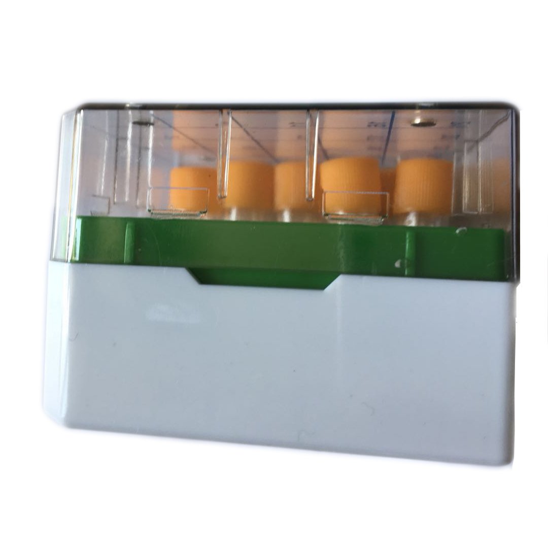 CryoBox - Estante para viales de policarbonato, 75 mm de largo x 75 mm de ancho x 52 mm de alto, matriz de 5 x 5, 25 lugares (paquete de 5) (verde)