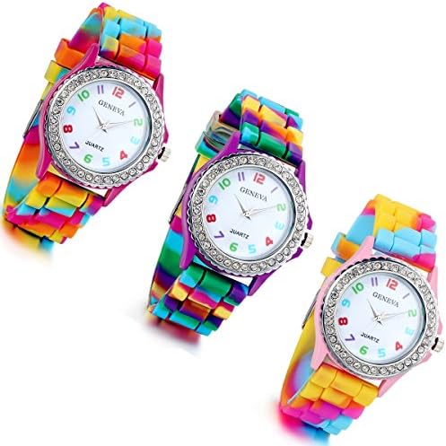 Lancardo Women's Quartz Watch Rhinestone Rainbow Color Silicon Jelly Fun Play Colorful Casual Dress Wrist Watches, Pack of 3, Strap