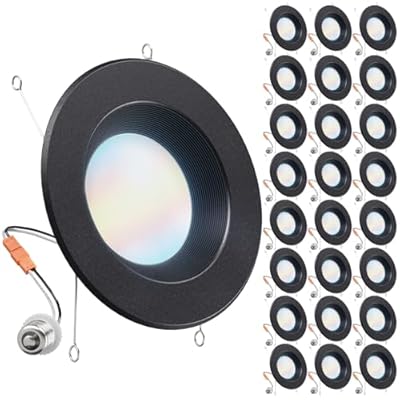 Sunco 24 Pack 5CCT Black LED Recessed Lighting 6 Inch, 2700K/3000K/3500K/4000K/5000K Selectable, Dimmable Can Lights, Baffle Trim, 13W=120W, 965 LM, Damp Rated, Retrofit Installation - UL Listed.