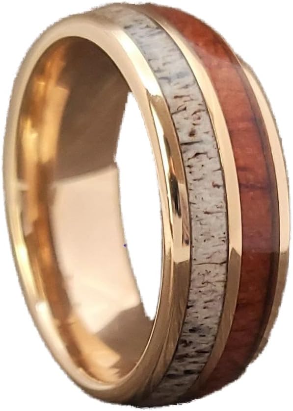 18K Rose Gold Deer Antler and Koa Wood Rings for Men Wedding Band Tungsten Rings with Wooden Inlay 8mm Elk Stag Rustic Anniversary Gifts for Him
