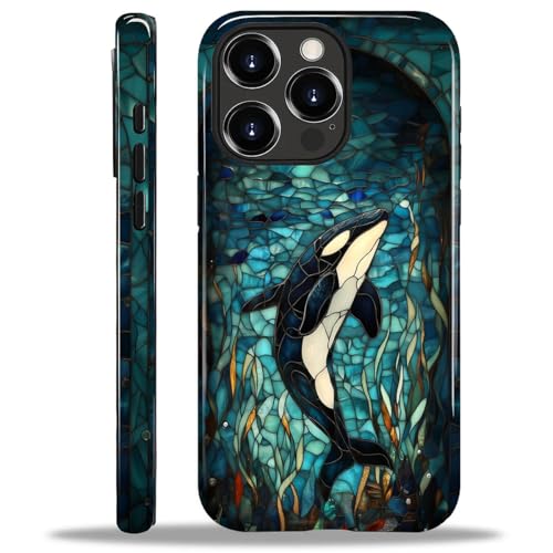 ANLUN STORE Case for iPhone 15 Pro, Hybrid Dual Protection Soft TPU + Hard PC Shockproof Cover Anti-Scratch & Slim Protective for Men Women Case Stained Glass Whale Orca Design