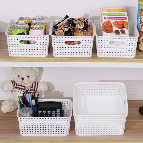 Nihenok 6-Pack Plastic Woven Storage Baskets, Kitchen Organizer Basket with Handles, Organizing Bin for Barthroom, Pantry, Classroom, Office, White - Image 6