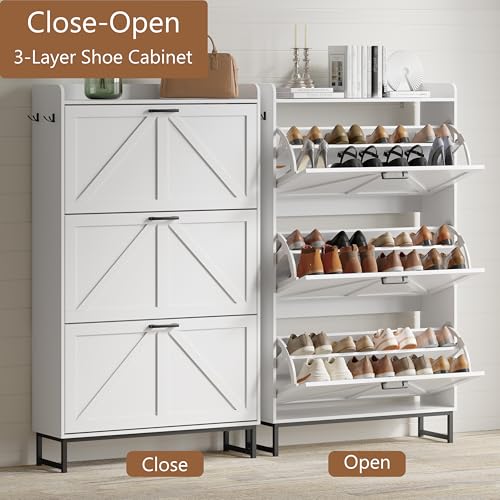 Image of Shoe Cabinet with 3 Flip Drawers, Freestanding Hidden Shoe Storage Organizer for Entryway, Narrow Slim Shoe Rack Cabinet with Open Storage & Hooks for Front Door Entrance, Living Room, Hallway, White