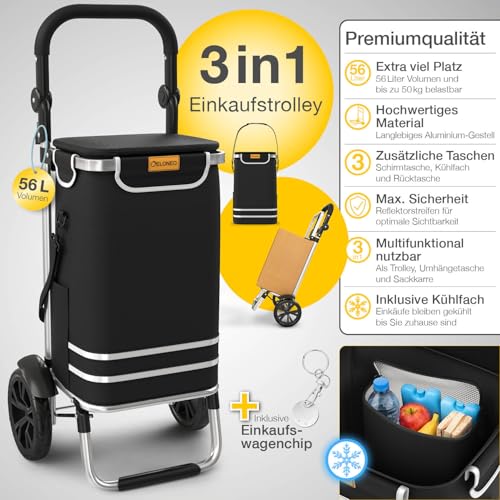 ELONEO Einkaufstrolley klappbar, Einkaufswagen mit Kühlfach, 3in1 Trolley, Sackkarre &...