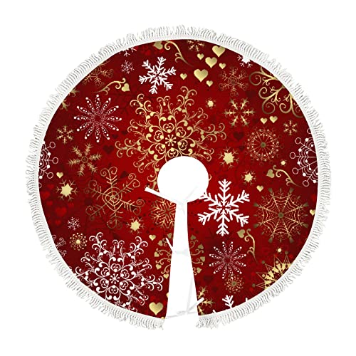 Small Christmas Tree Skirt Gold Red Snowflakes Christmas,30 Inch Tree Skirt for Christmas Holiday Party Decoration,Rustic Tree Skirts Mat Home Indoor Outdoor Ornaments