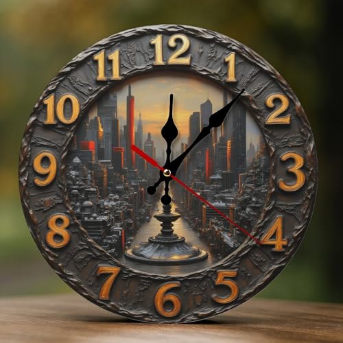 GVYGVY Relojes de pared decorativos que funcionan con pilas, 25,4 cm, modernos, vintage, atardecer, paisaje urbano, impresión 2D, sin tictac, silenciosos, para sala de estar, oficina, dormitorio