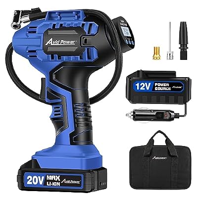 Avid Power Cordless Tire Inflator Portable Air Compressor, 20V Rechargeable Battery Tire Pump w/ 12V DC Power Adapter, Digital Pressure Gauge, Auto Air Pump for Many Inflatables (Blue)