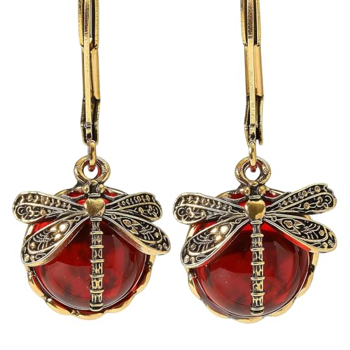 Retro Dragonfly Earrings with Round Red-Green Stone, Gold Plated Leverback Drop Earrings for Women (earing_red)