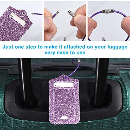 Acdream Luggage Tags 2 Pack, Leather Suitcase Tags Identifiers, Cute Cruise Id Labels With Privacy Cover Fits On Backpack, Travel Bag, For Women, Men, Adults, Kids, Glitter Purple #TOP3