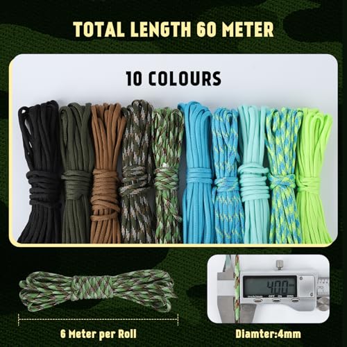 Cozary 10 Farben 19ft/6m Paracord 4mm, Paracord Set 7 Kern Strängen Nylonseil, Hält bis zu 250kg, Ideal für Outdoor Survival Camping Basteln Armband Hunde-Leine, Gesamtlänge 196ft