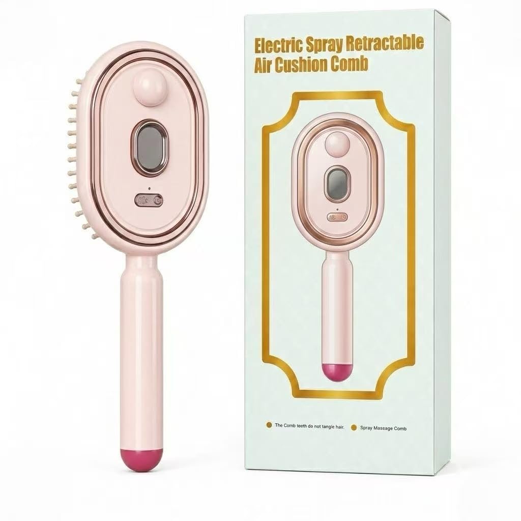 Electric Spray Air Cushion Massage Comb, 3 Pieces Red Light Mist Detangling Hair Brush Set, Type-C Rechargeable Anti-Static Frizz Control Scalp Care Comb, Gift Box, Purple White Pink (Blush Pink)