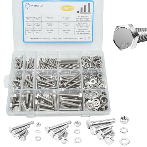 WZHUIDA 456 Stück M5 M6 M8 Sechskantschrauben und Muttern Set, Edelstahl Sechskant Schrauben Muttern und Unterlegscheiben Sortiment Kit, Maschinenschrauben mit Vollgewinde