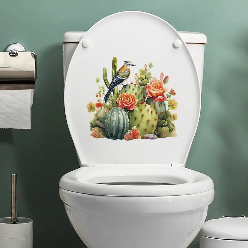Tropical Cactus Bird Toilet Cover Sticker Decals,Fish Bird Flower Leaf Waterproof Toilet Lid Tank Seat Decals Cistern Self-Adhesive Bathroom Wall Sticker
