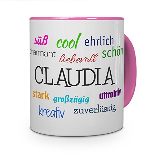printplanet Tasse mit Namen Claudia - Positive Eigenschaften von Claudia - Namenstasse, Kaffeebecher, Mug, Becher, Kaffeetasse - Farbe Rosa